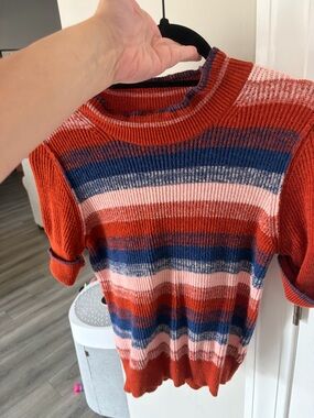 Free People Striped Knit Short Sleeve Sweater in Rust, Navy & Blush Pink
